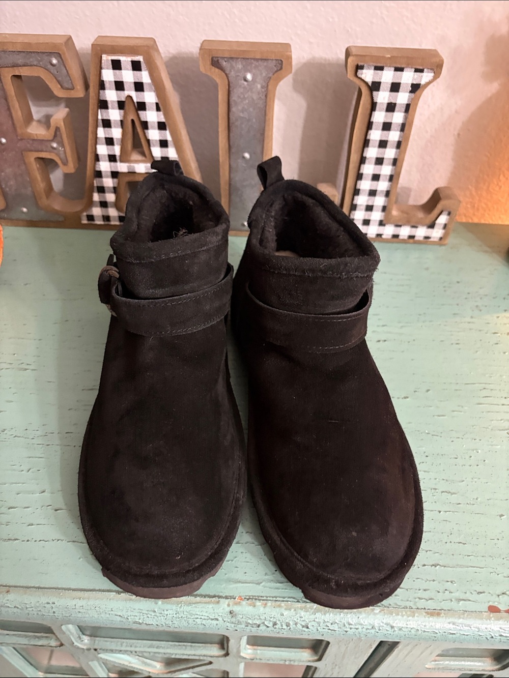 BearPaw Black Suede Ankle Booties with Strap